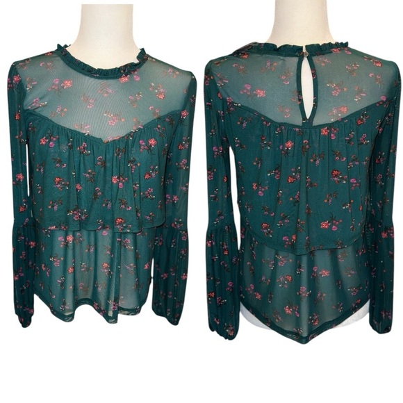 Eyeshadow Tops - Eyeshadow Ruffle Long Sleeve Blouse Green Floral Print Blouse Size XS NWT
